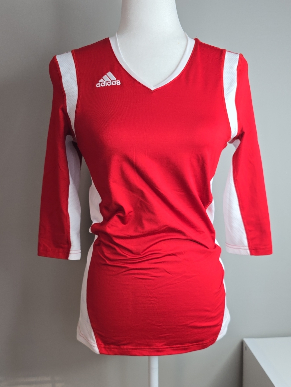 adidas Red and White V-Neck 3/4 Sleeve Athletic Jersey